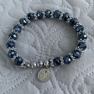 Elegant Silver and Dark blue Beaded Bracelet